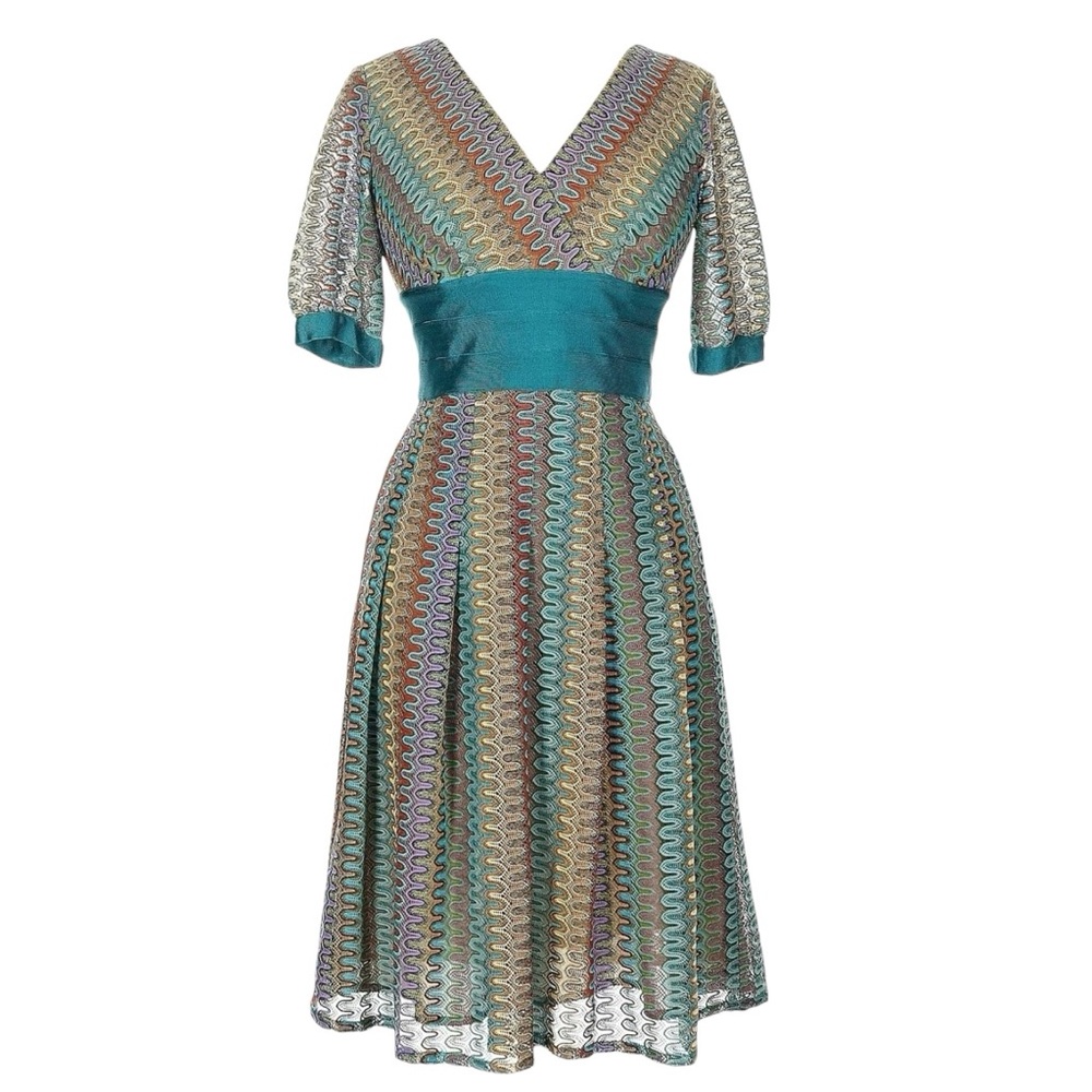 Kay Unger Teal Waistband Multicolor Zigzag Midi Dress